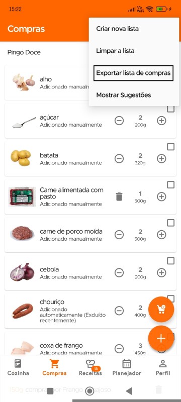 Export Shopping List option in overflow menu